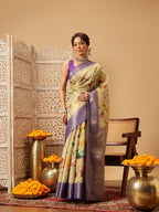 Hiral Fashion Beige Banarasi Tissue Silk Floral Digital Printed Saree | Grocsy