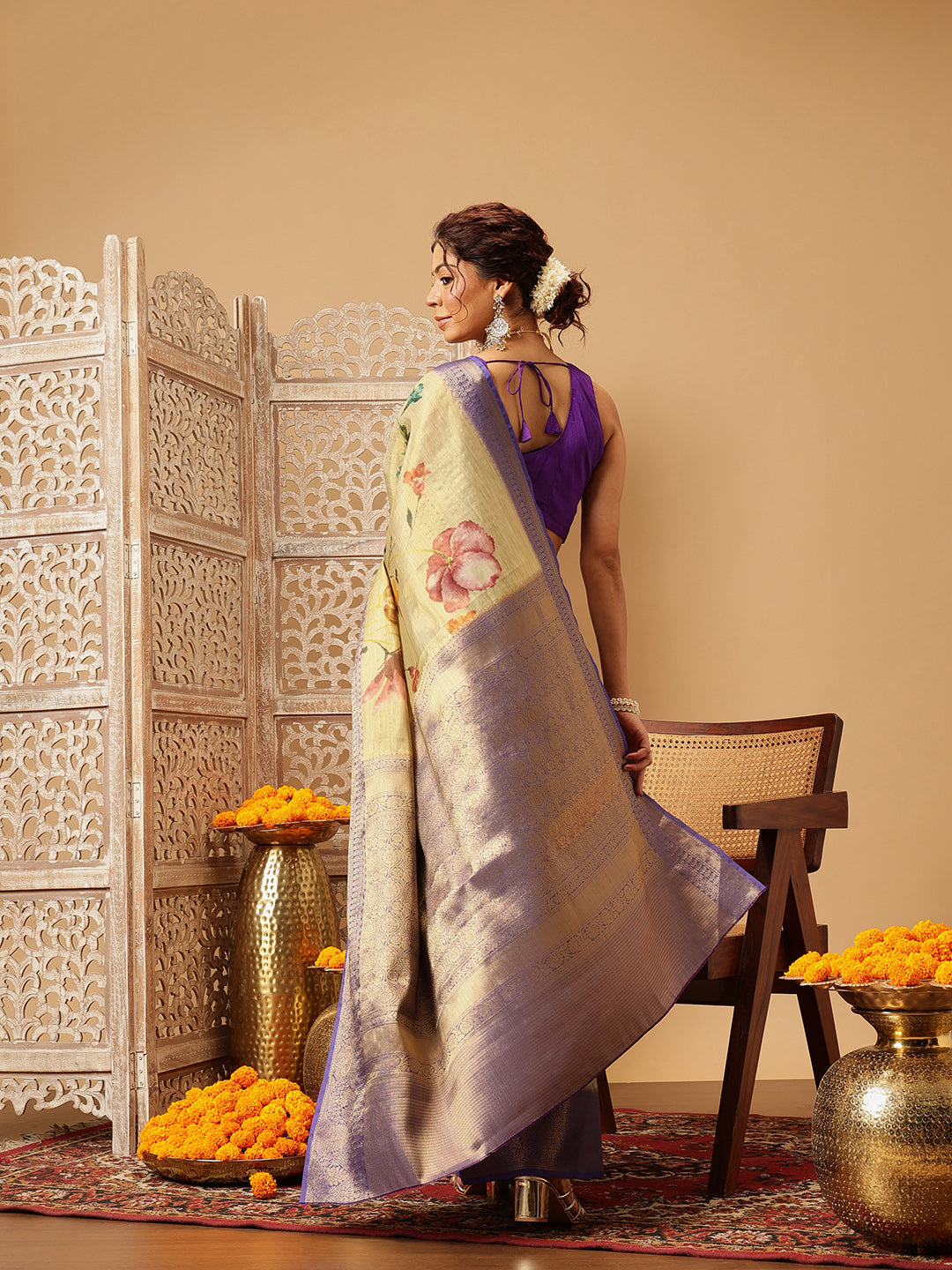 Hiral Fashion Beige Banarasi Tissue Silk Floral Digital Printed Saree | Grocsy