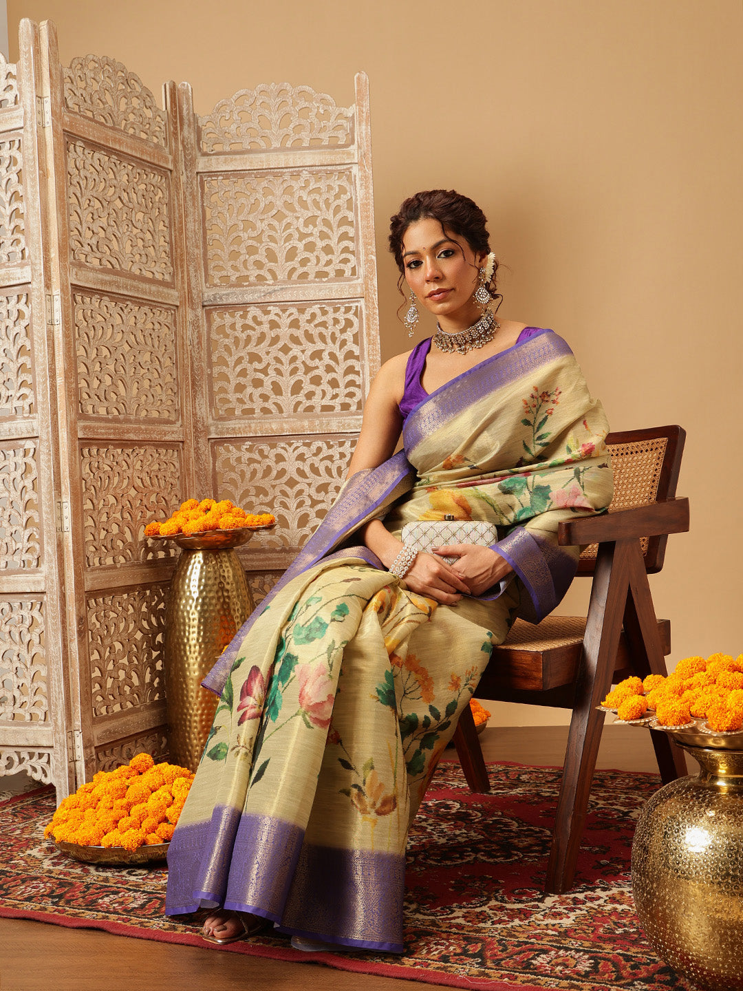 Hiral Fashion Beige Banarasi Tissue Silk Floral Digital Printed Saree | Grocsy