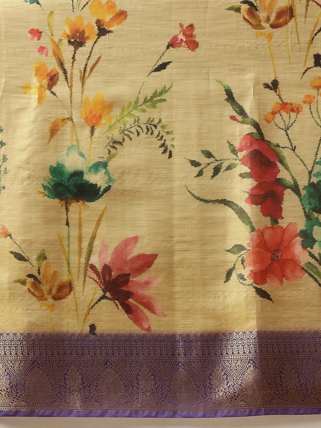 Hiral Fashion Beige Banarasi Tissue Silk Floral Digital Printed Saree | Grocsy