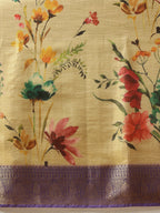 Hiral Fashion Beige Banarasi Tissue Silk Floral Digital Printed Saree | Grocsy