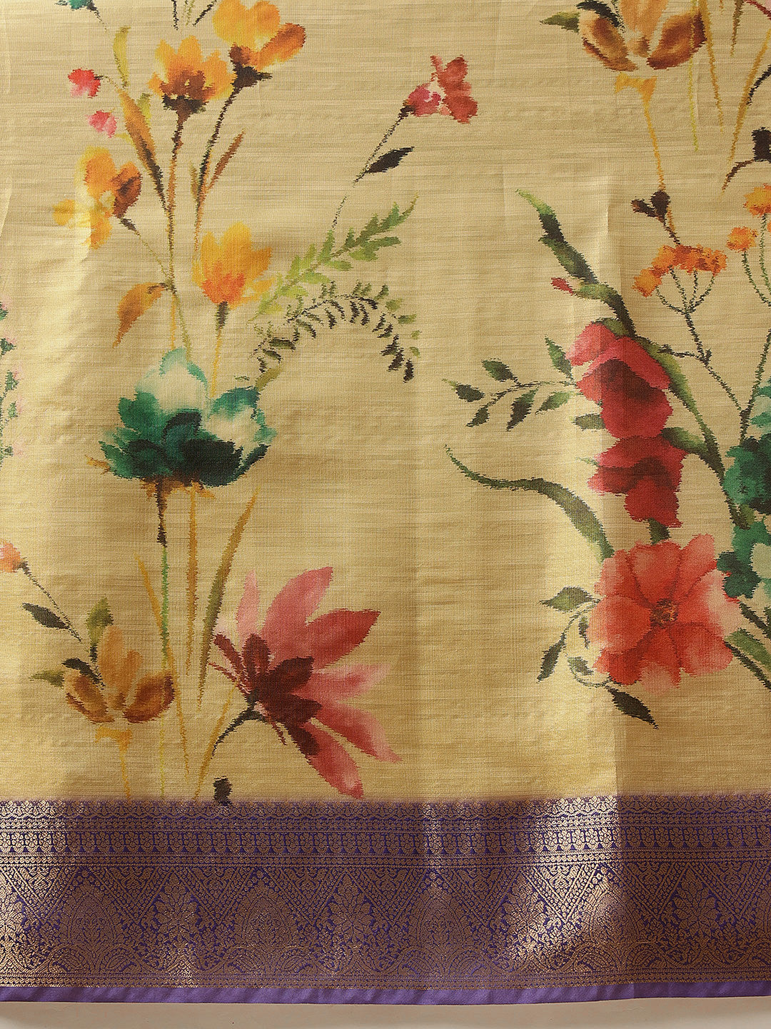 Hiral Fashion Beige Banarasi Tissue Silk Floral Digital Printed Saree | Grocsy
