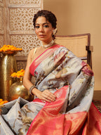Hiral Fashion Grey Banarasi Tissue Silk Floral Digital Printed Saree | Grocsy