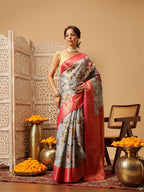 Hiral Fashion Grey Banarasi Tissue Silk Floral Digital Printed Saree | Grocsy