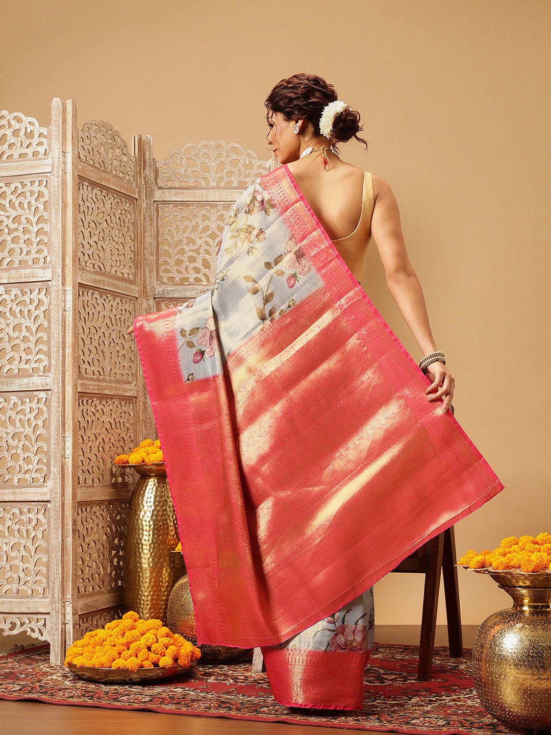 Hiral Fashion Grey Banarasi Tissue Silk Floral Digital Printed Saree | Grocsy