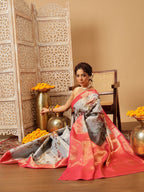 Hiral Fashion Grey Banarasi Tissue Silk Floral Digital Printed Saree | Grocsy
