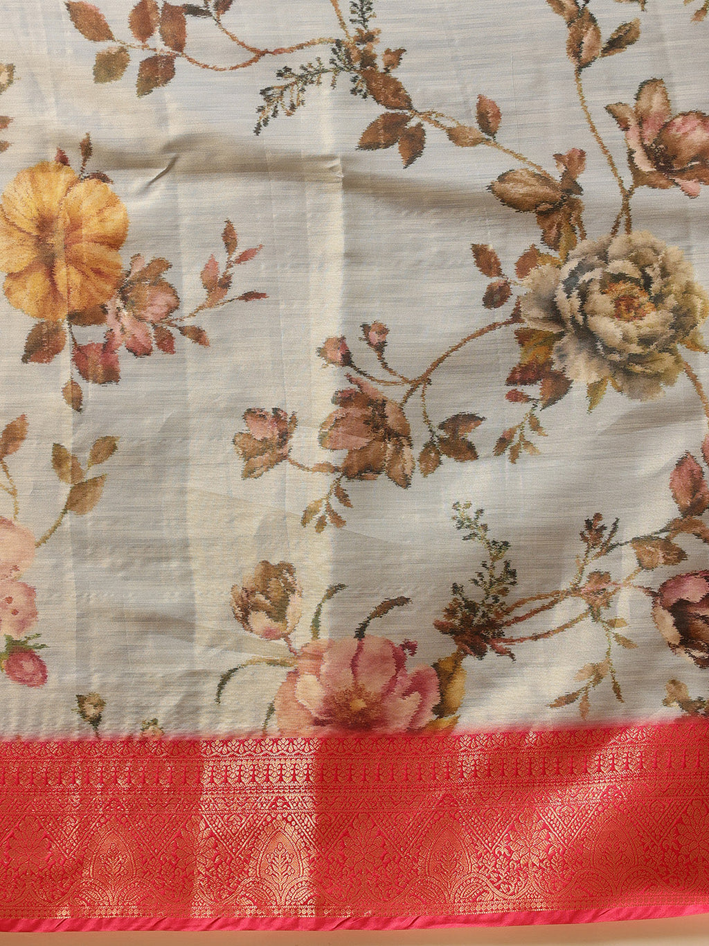 Hiral Fashion Grey Banarasi Tissue Silk Floral Digital Printed Saree | Grocsy