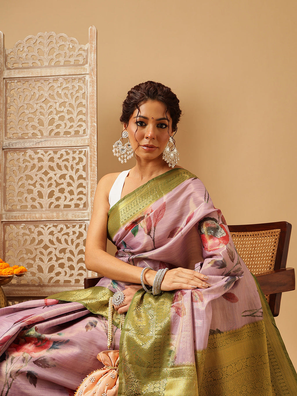 Hiral Fashion Lavender Banarasi Tissue Silk Floral Digital Printed Saree | Grocsy