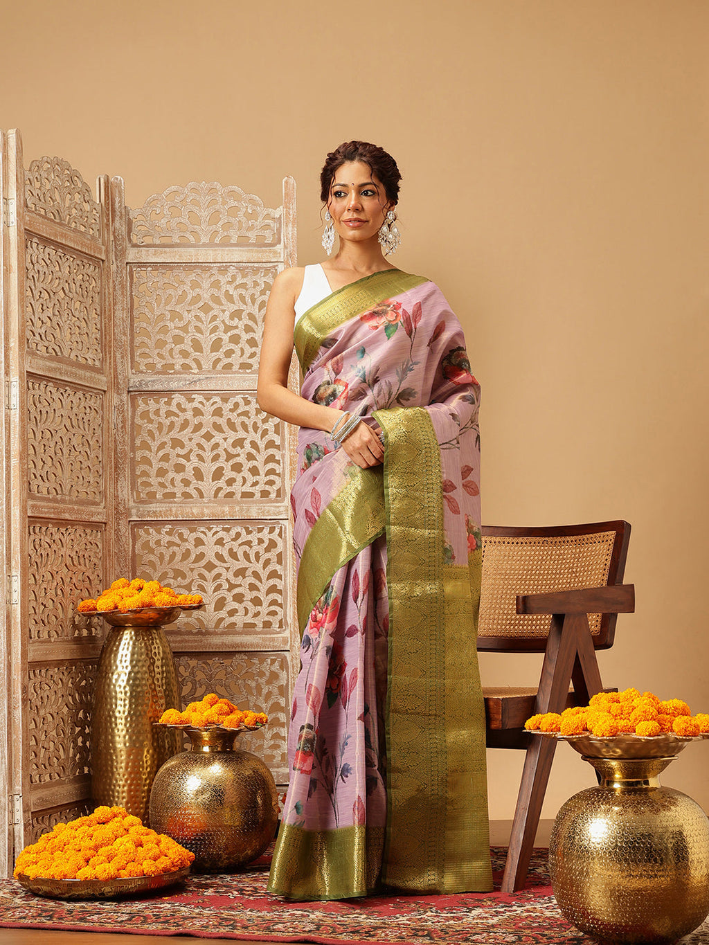 Hiral Fashion Lavender Banarasi Tissue Silk Floral Digital Printed Saree | Grocsy