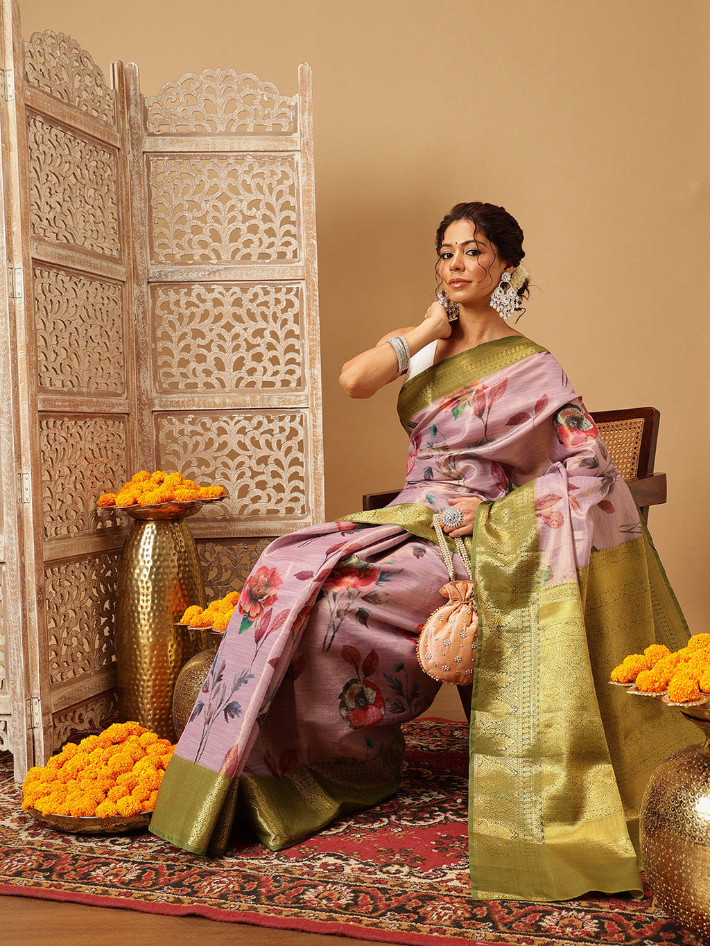 Hiral Fashion Lavender Banarasi Tissue Silk Floral Digital Printed Saree | Grocsy