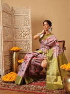 Hiral Fashion Lavender Banarasi Tissue Silk Floral Digital Printed Saree | Grocsy