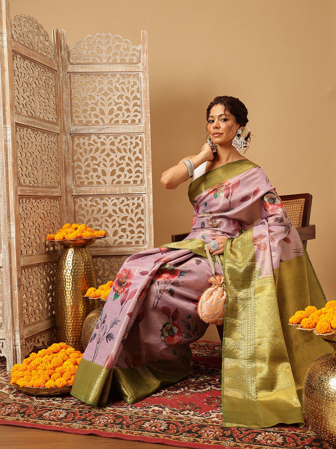 Hiral Fashion Lavender Banarasi Tissue Silk Floral Digital Printed Saree | Grocsy