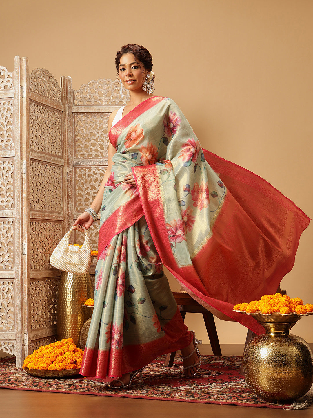 Hiral Fashion Olive Banarasi Tissue Silk Floral Digital Printed Saree | Grocsy