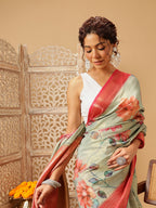 Hiral Fashion Olive Banarasi Tissue Silk Floral Digital Printed Saree | Grocsy