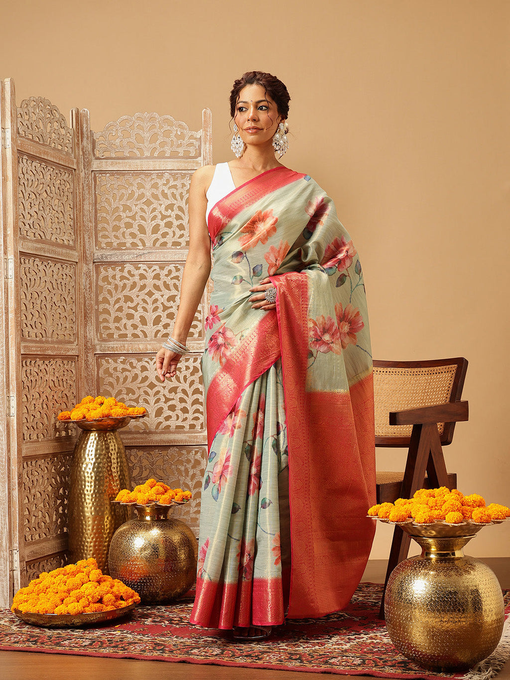 Hiral Fashion Olive Banarasi Tissue Silk Floral Digital Printed Saree | Grocsy