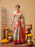 Hiral Fashion Olive Banarasi Tissue Silk Floral Digital Printed Saree | Grocsy