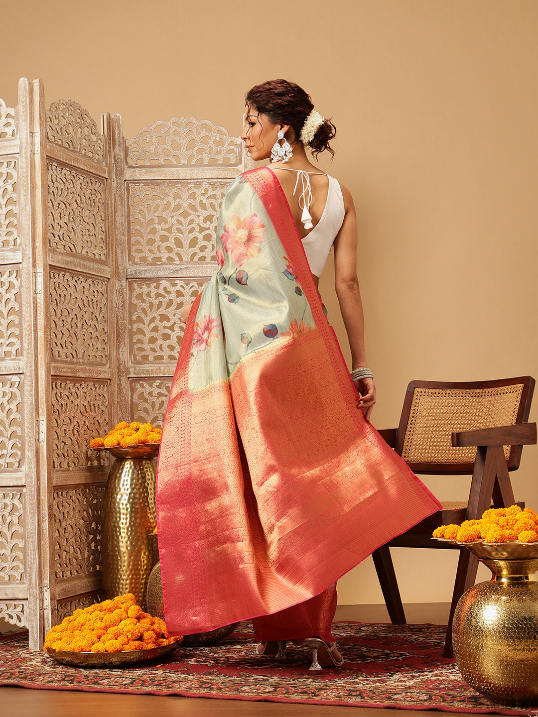 Hiral Fashion Olive Banarasi Tissue Silk Floral Digital Printed Saree | Grocsy