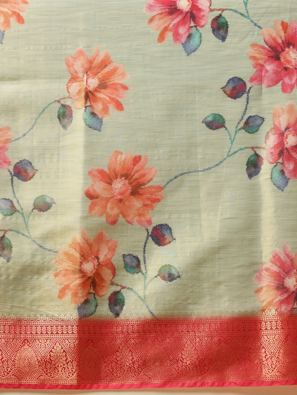 Hiral Fashion Olive Banarasi Tissue Silk Floral Digital Printed Saree | Grocsy