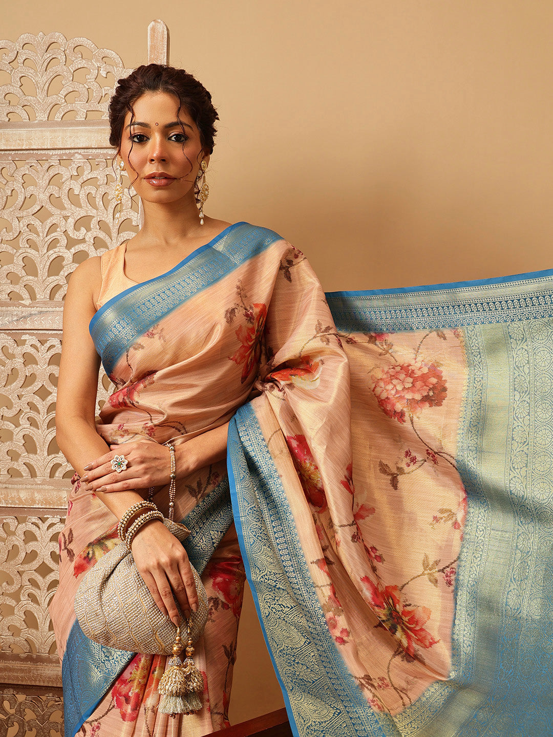Hiral Fashion Peach Banarasi Tissue Silk Floral Digital Printed Saree | Grocsy