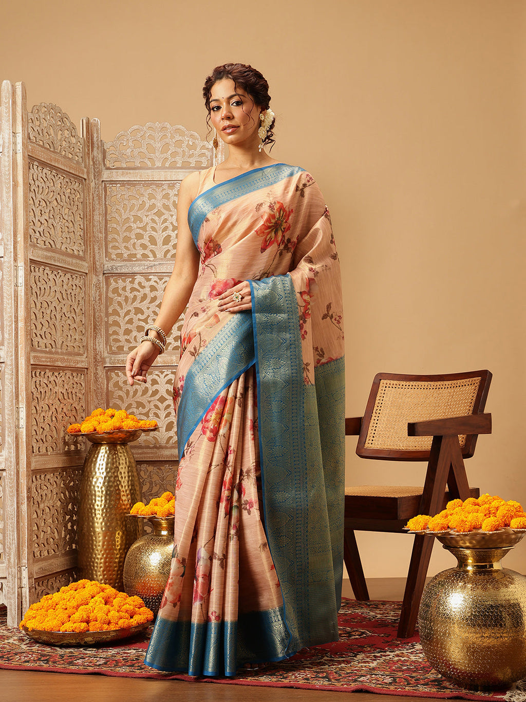 Hiral Fashion Peach Banarasi Tissue Silk Floral Digital Printed Saree | Grocsy