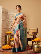 Hiral Fashion Peach Banarasi Tissue Silk Floral Digital Printed Saree | Grocsy