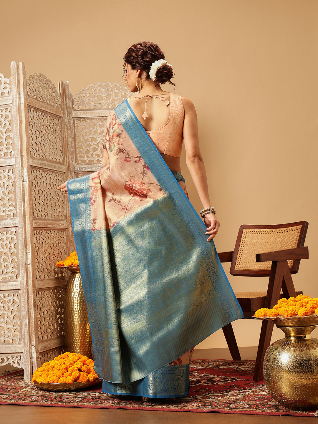 Hiral Fashion Peach Banarasi Tissue Silk Floral Digital Printed Saree | Grocsy