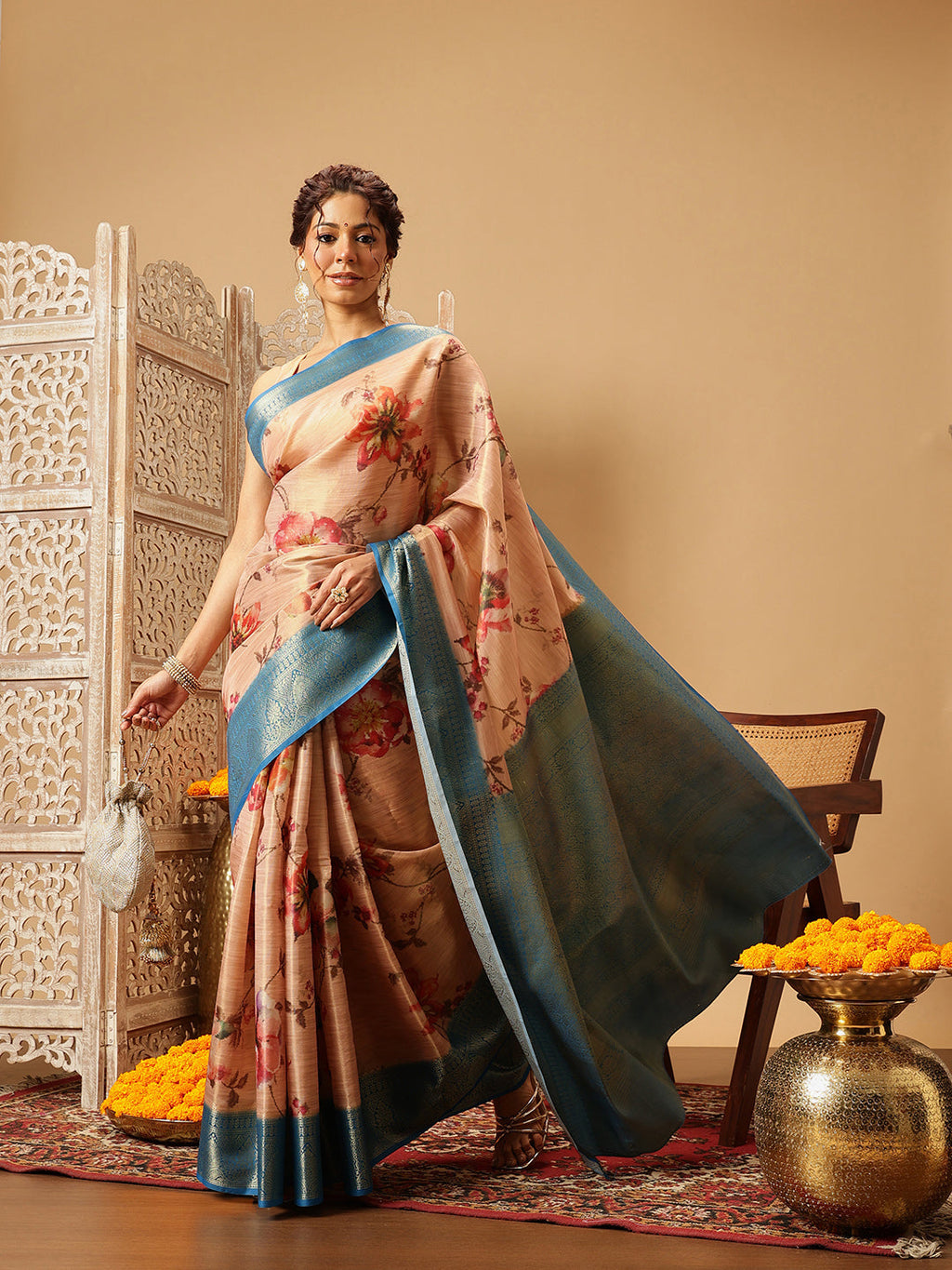 Hiral Fashion Peach Banarasi Tissue Silk Floral Digital Printed Saree | Grocsy