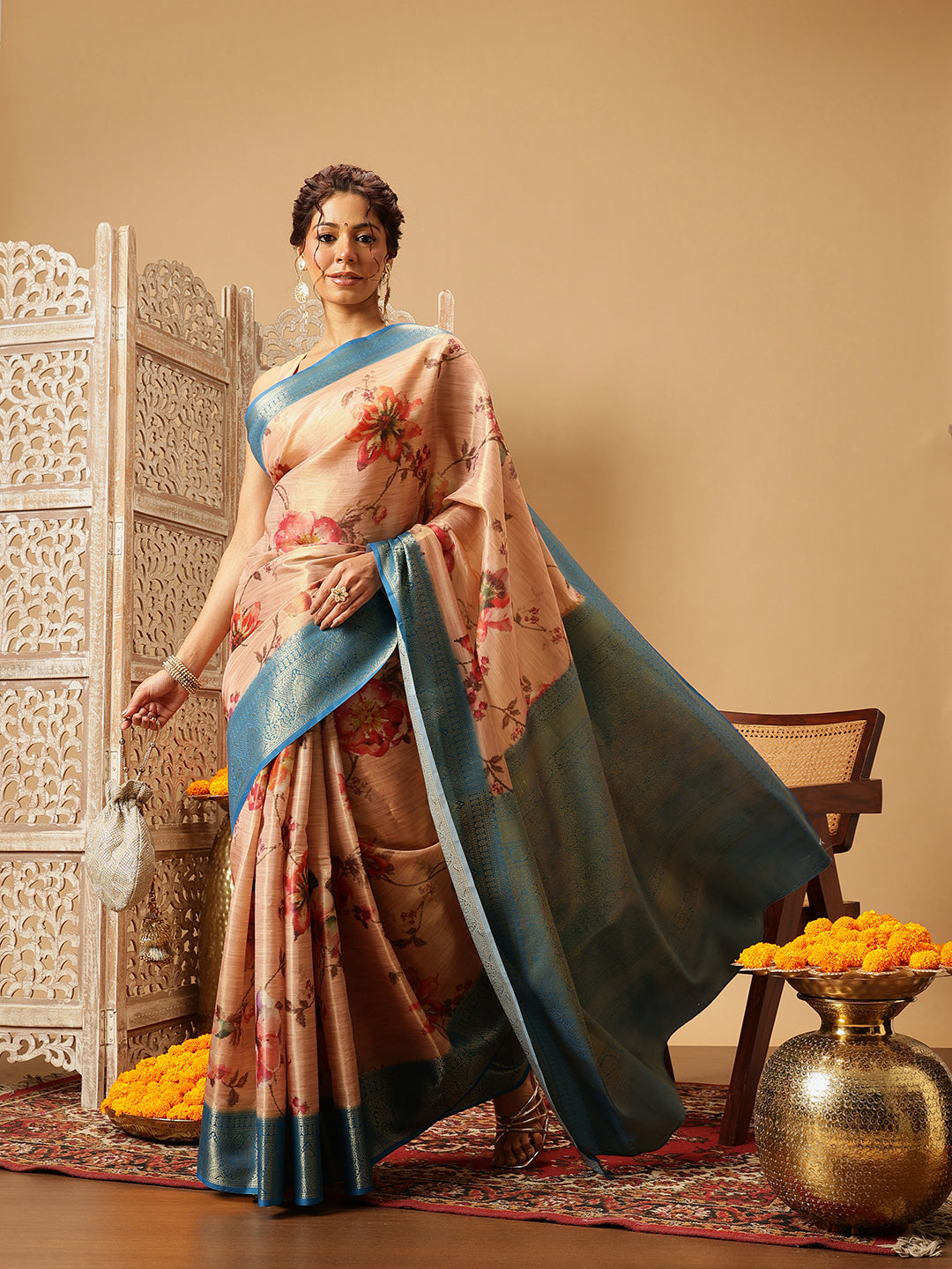 Hiral Fashion Peach Banarasi Tissue Silk Floral Digital Printed Saree | Grocsy