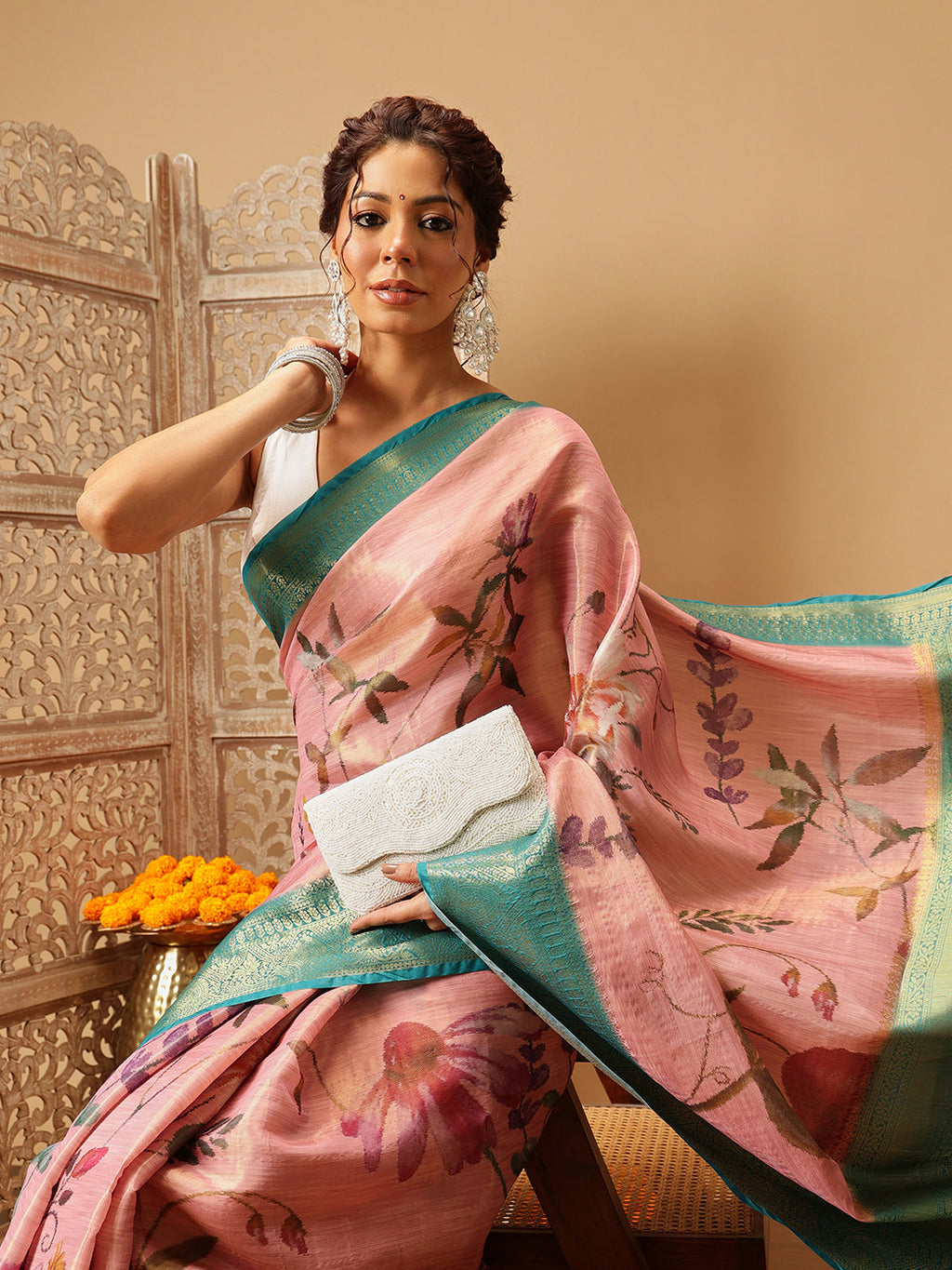 Hiral Fashion Pink Banarasi Tissue Silk Floral Digital Printed Saree | Grocsy