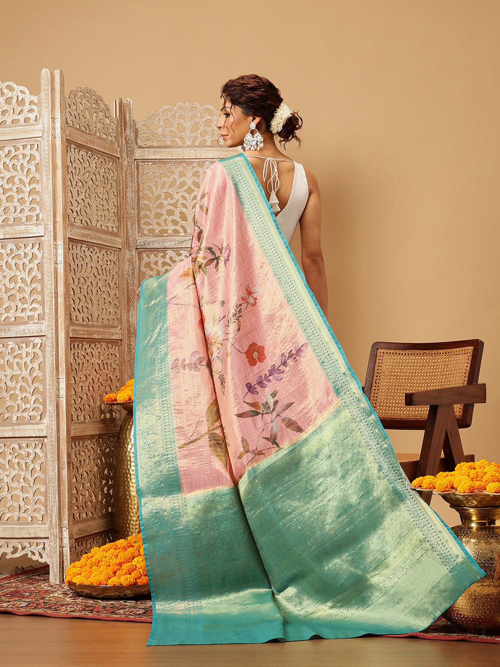 Hiral Fashion Pink Banarasi Tissue Silk Floral Digital Printed Saree | Grocsy