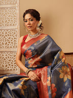 Hiral Fashion Blue Banarasi Tissue Silk Floral Digital Printed Saree | Grocsy