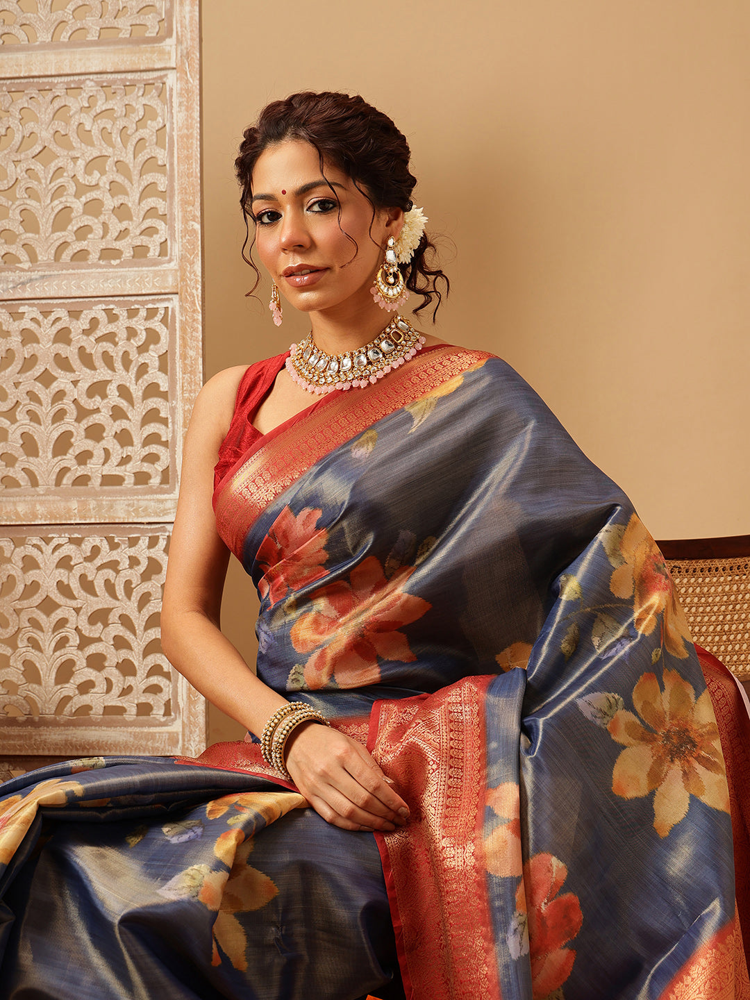 Hiral Fashion Blue Banarasi Tissue Silk Floral Digital Printed Saree | Grocsy