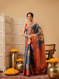 Hiral Fashion Blue Banarasi Tissue Silk Floral Digital Printed Saree | Grocsy