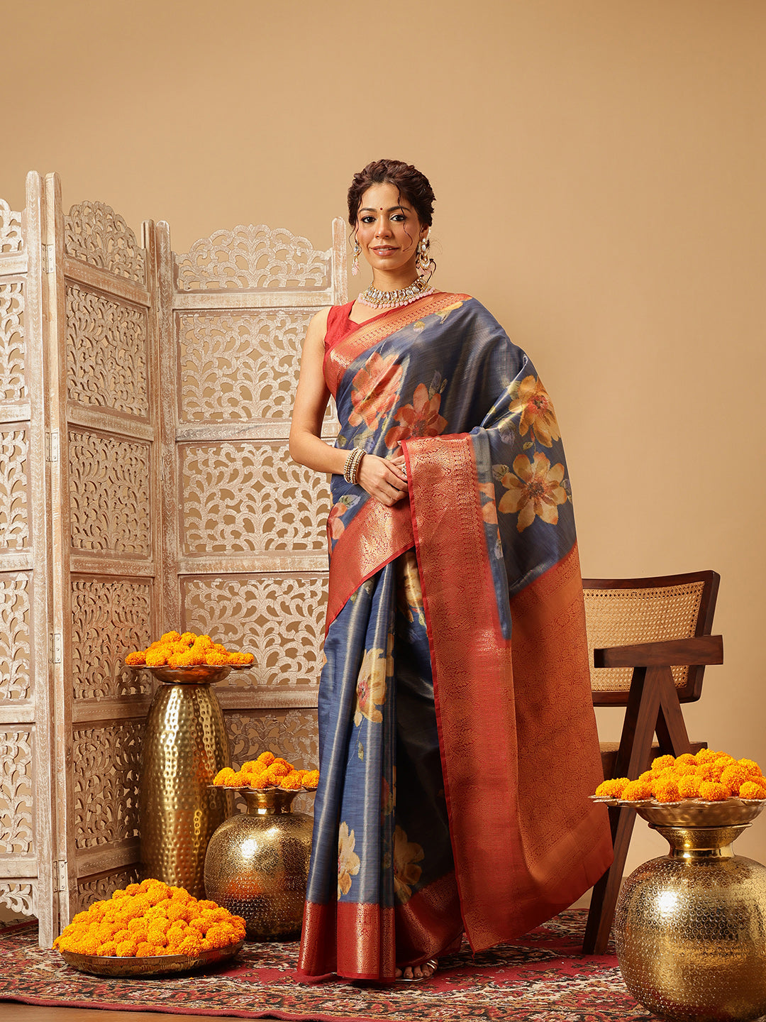 Hiral Fashion Blue Banarasi Tissue Silk Floral Digital Printed Saree | Grocsy