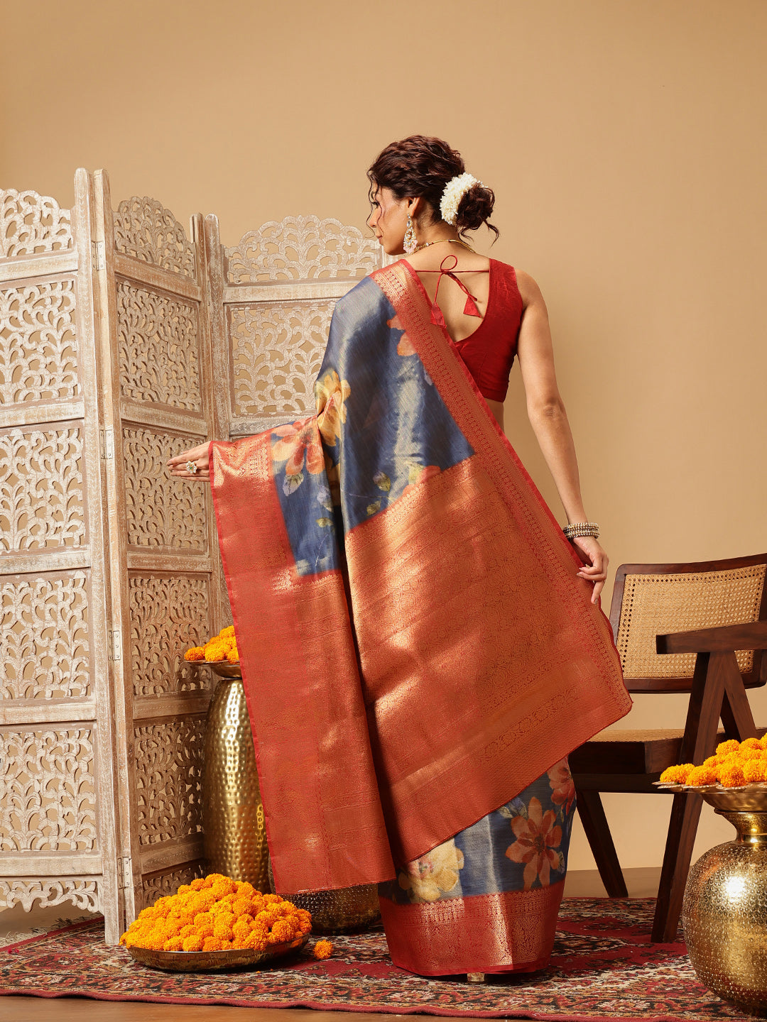 Hiral Fashion Blue Banarasi Tissue Silk Floral Digital Printed Saree | Grocsy