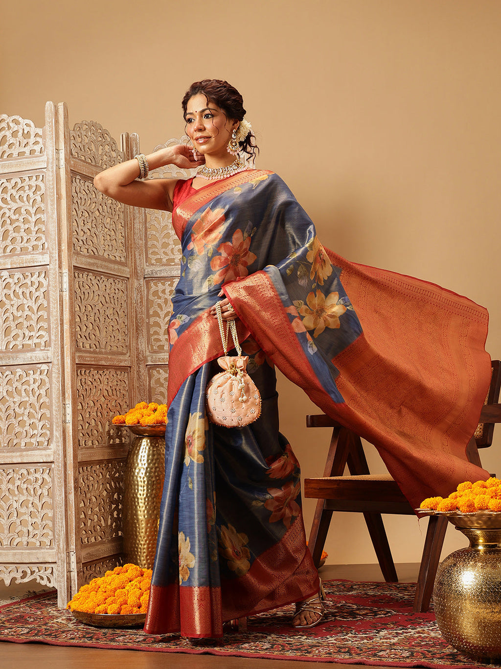 Hiral Fashion Blue Banarasi Tissue Silk Floral Digital Printed Saree | Grocsy