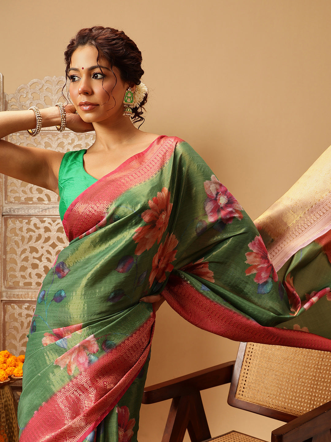 Hiral Fashion Green Banarasi Tissue Silk Floral Digital Printed Saree | Grocsy
