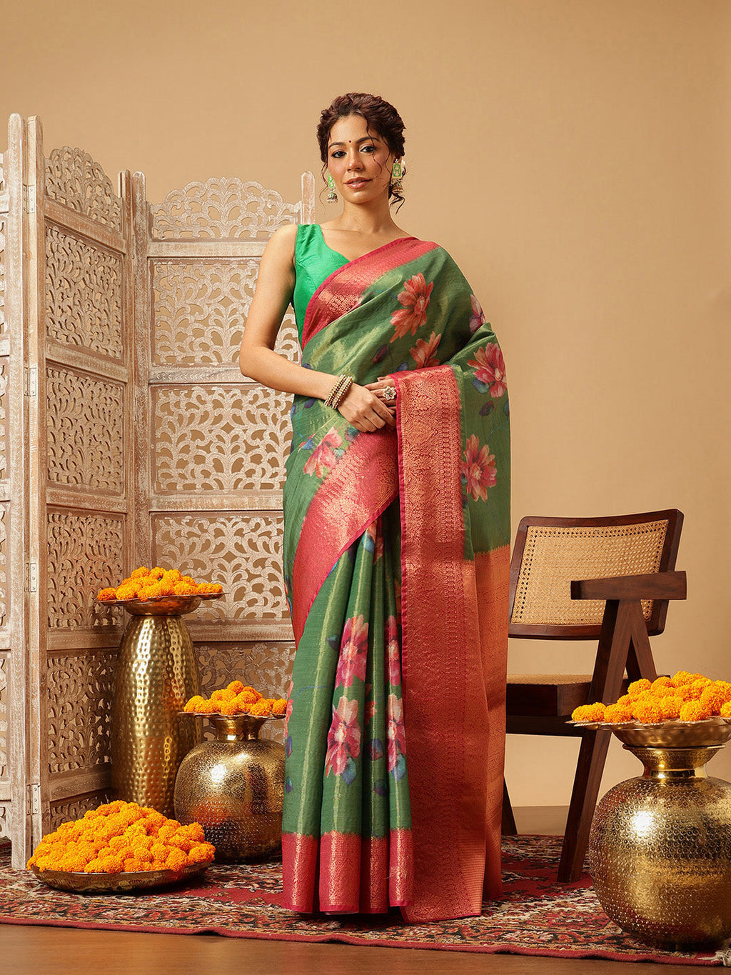 Hiral Fashion Green Banarasi Tissue Silk Floral Digital Printed Saree | Grocsy