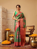 Hiral Fashion Green Banarasi Tissue Silk Floral Digital Printed Saree | Grocsy