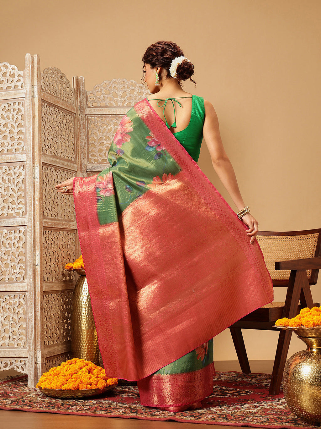 Hiral Fashion Green Banarasi Tissue Silk Floral Digital Printed Saree | Grocsy