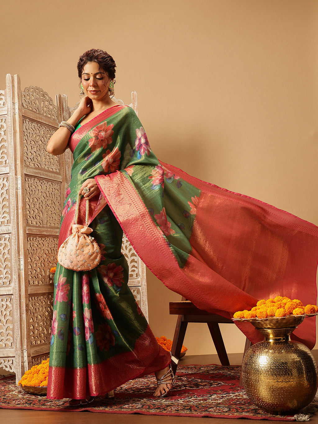 Hiral Fashion Green Banarasi Tissue Silk Floral Digital Printed Saree | Grocsy