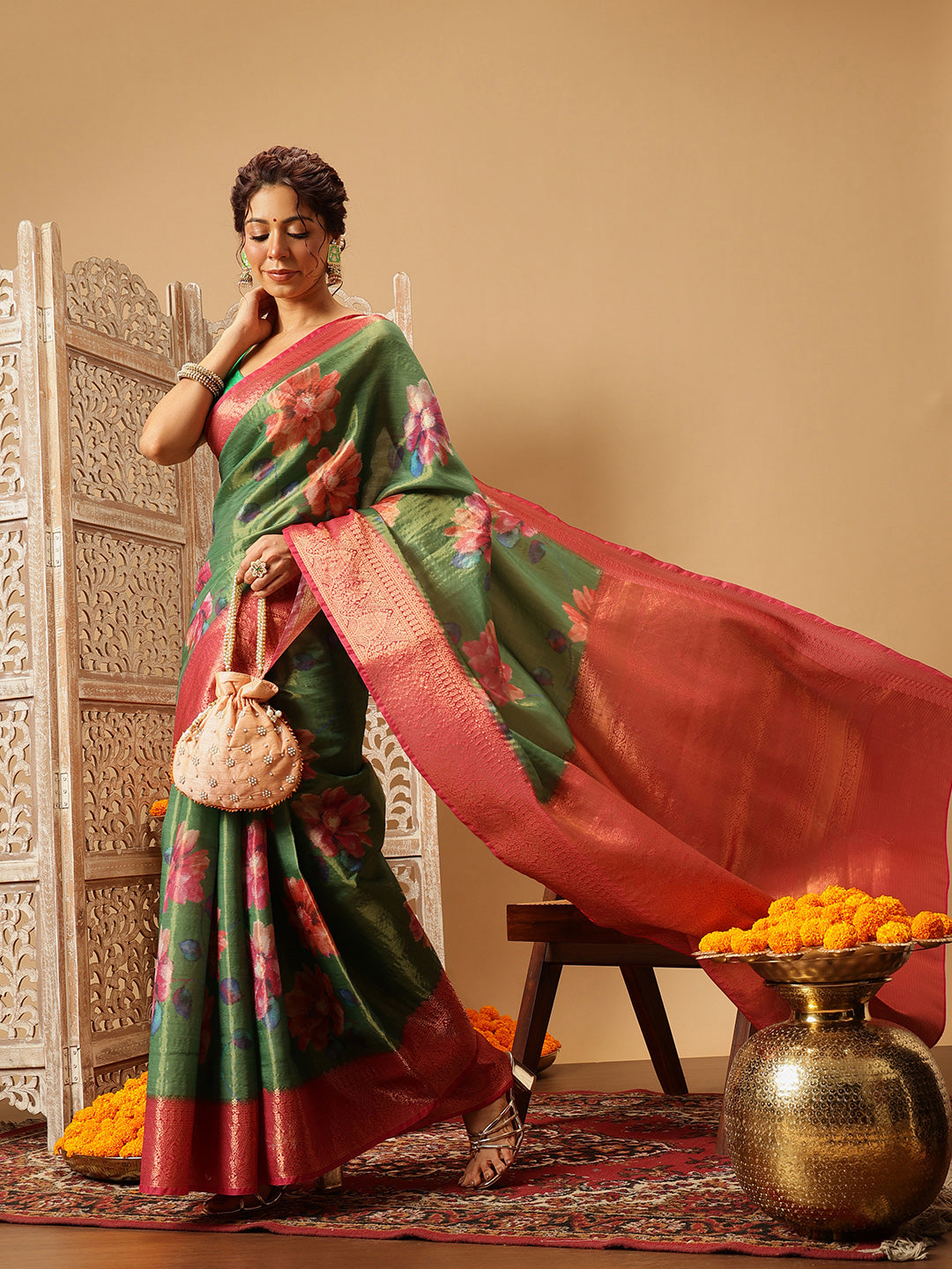 Hiral Fashion Green Banarasi Tissue Silk Floral Digital Printed Saree | Grocsy