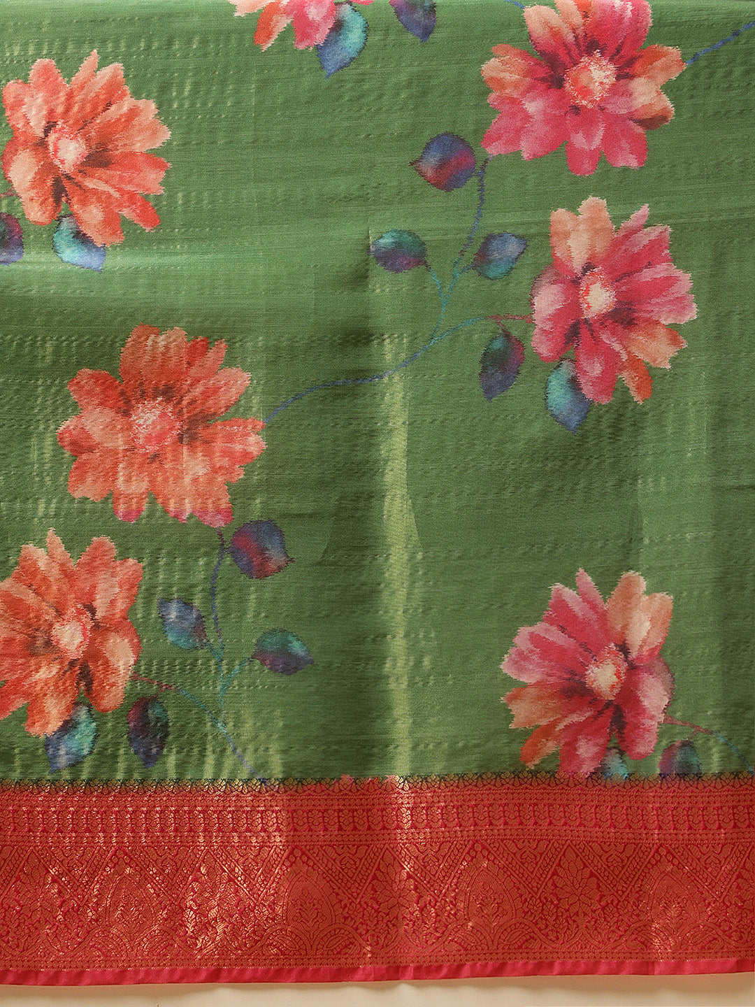Hiral Fashion Green Banarasi Tissue Silk Floral Digital Printed Saree | Grocsy