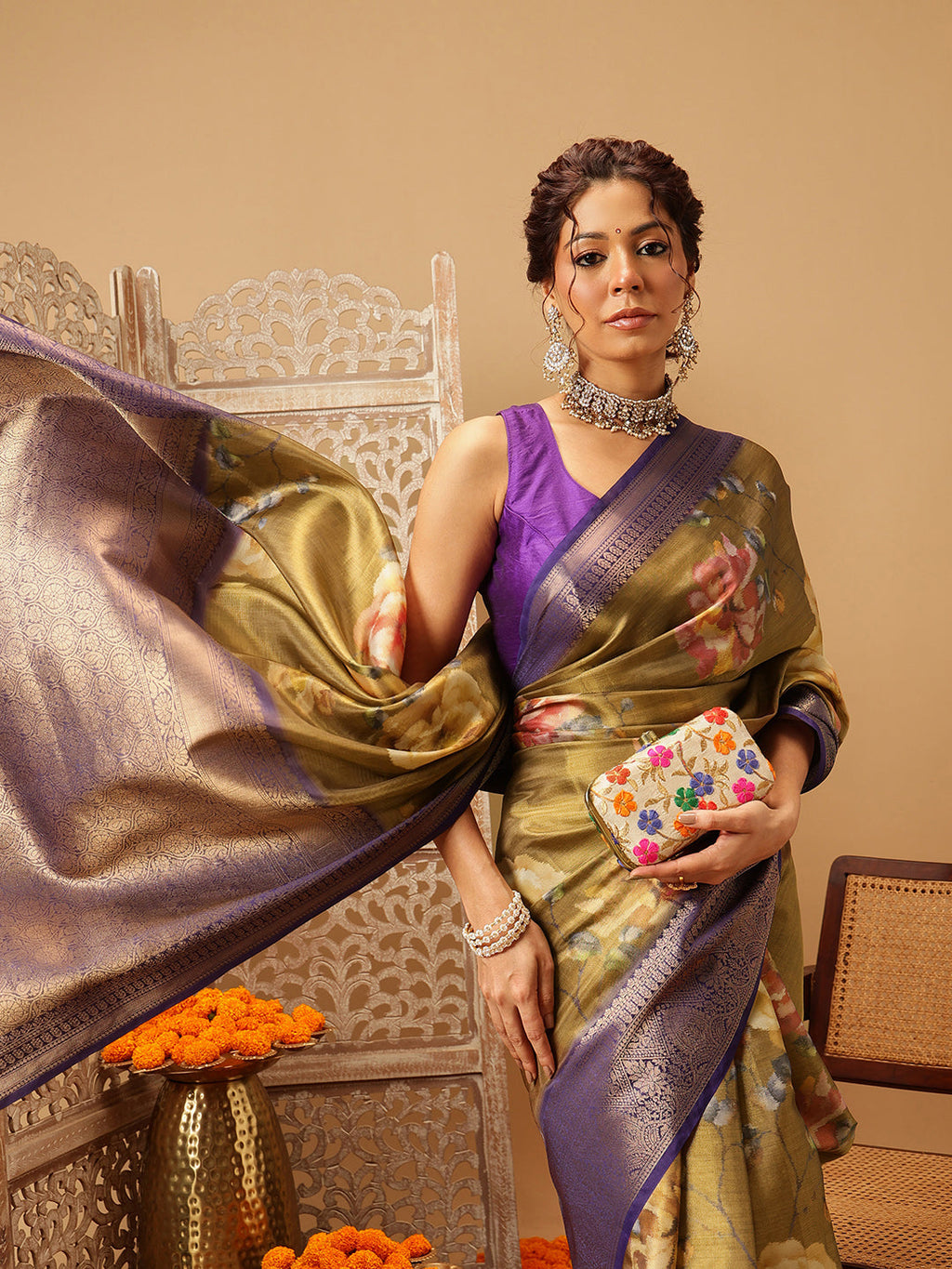 Hiral Fashion Olive Banarasi Tissue Silk Floral Digital Printed Saree | Grocsy
