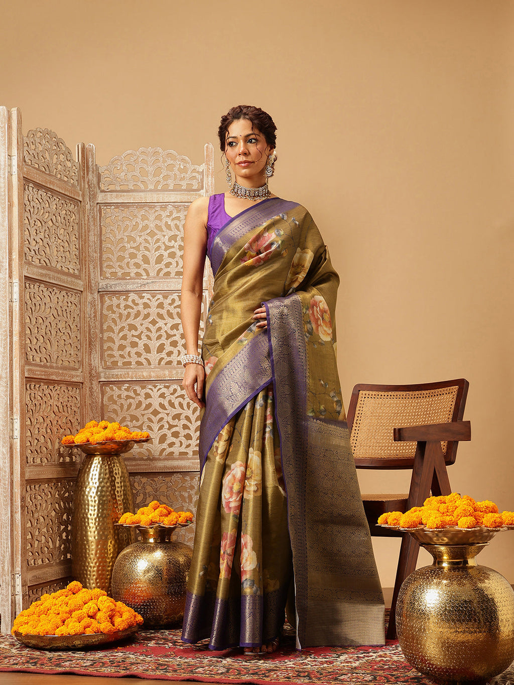 Hiral Fashion Olive Banarasi Tissue Silk Floral Digital Printed Saree | Grocsy