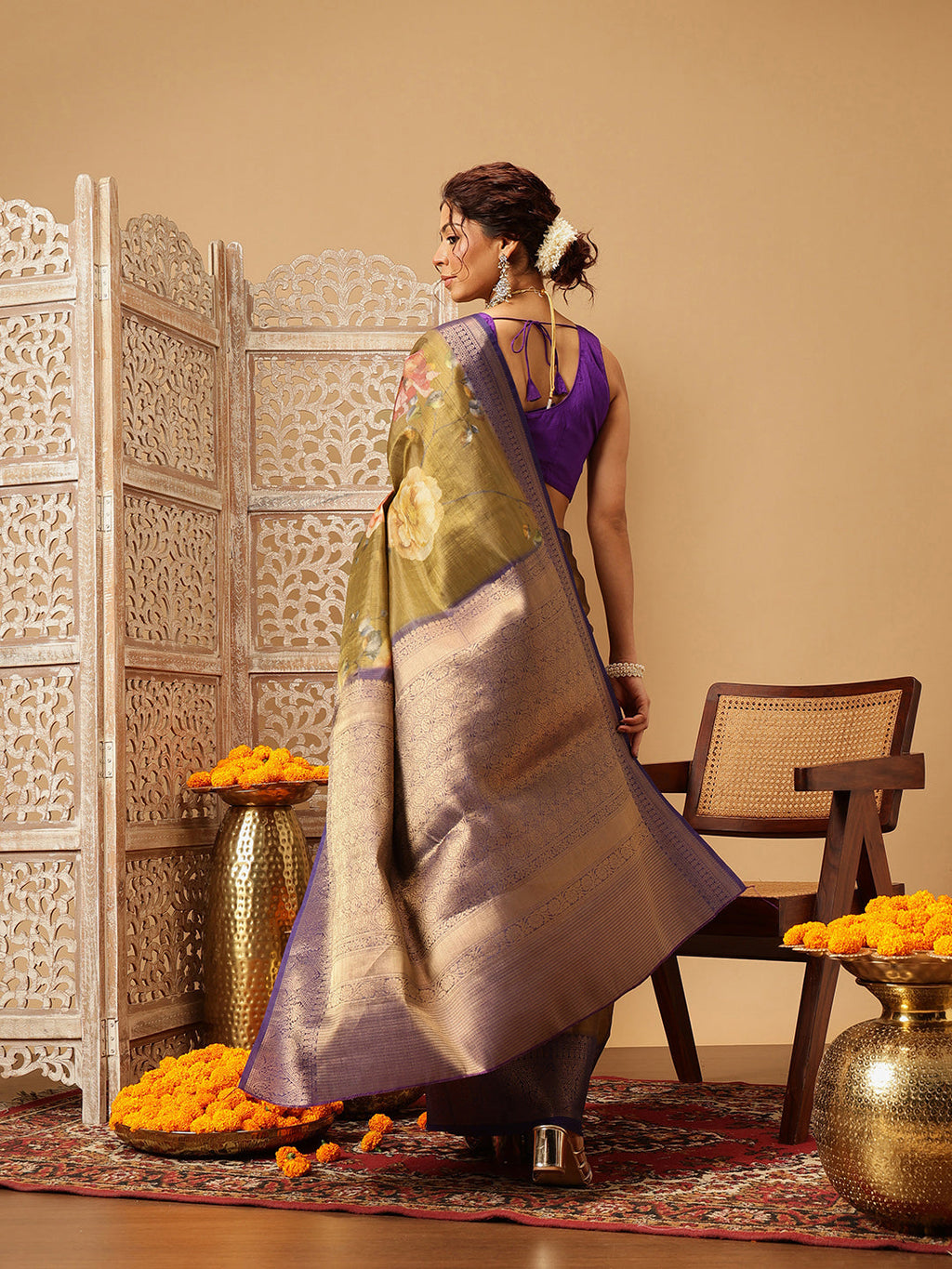 Hiral Fashion Olive Banarasi Tissue Silk Floral Digital Printed Saree | Grocsy