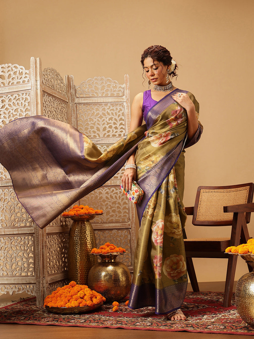 Hiral Fashion Olive Banarasi Tissue Silk Floral Digital Printed Saree | Grocsy