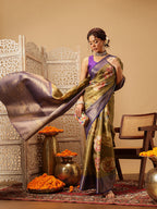 Hiral Fashion Olive Banarasi Tissue Silk Floral Digital Printed Saree | Grocsy