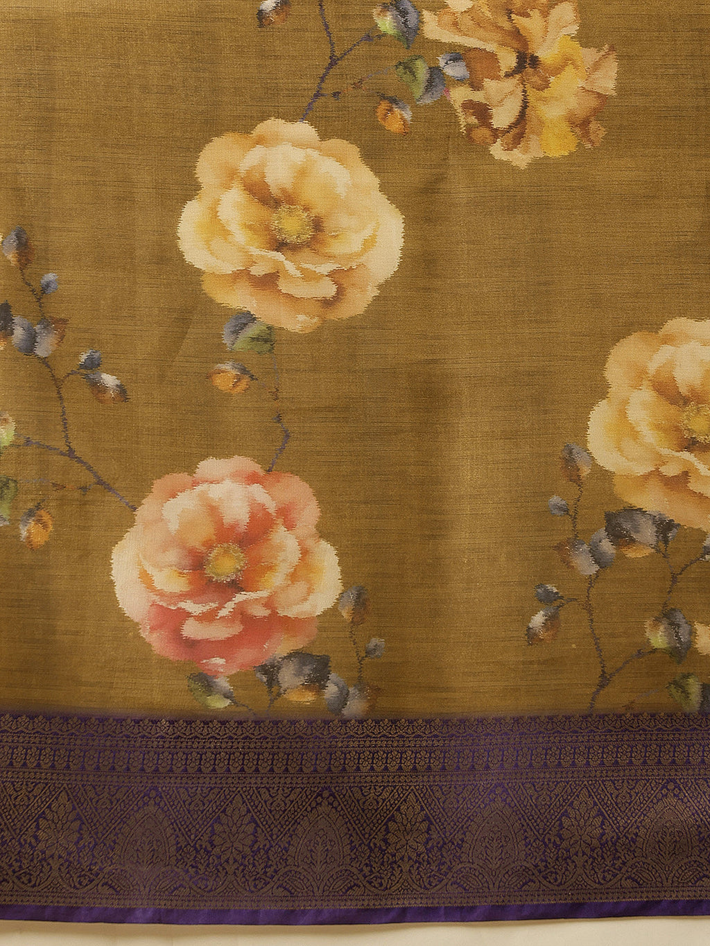 Hiral Fashion Olive Banarasi Tissue Silk Floral Digital Printed Saree | Grocsy