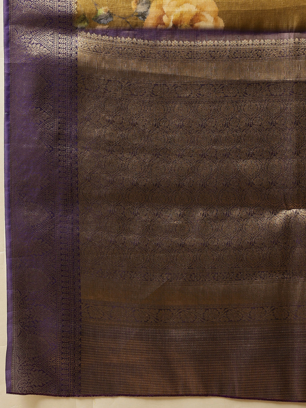 Hiral Fashion Olive Banarasi Tissue Silk Floral Digital Printed Saree | Grocsy